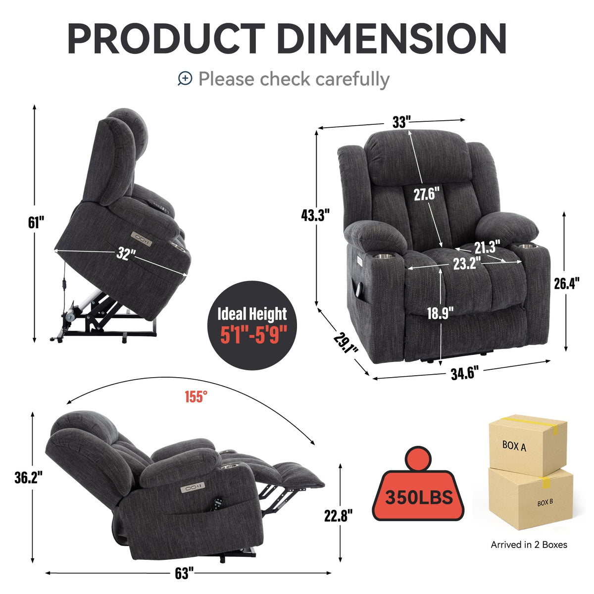 Chenille Power Lift Recliner Chair with Massage & Heating - Soft Chenille