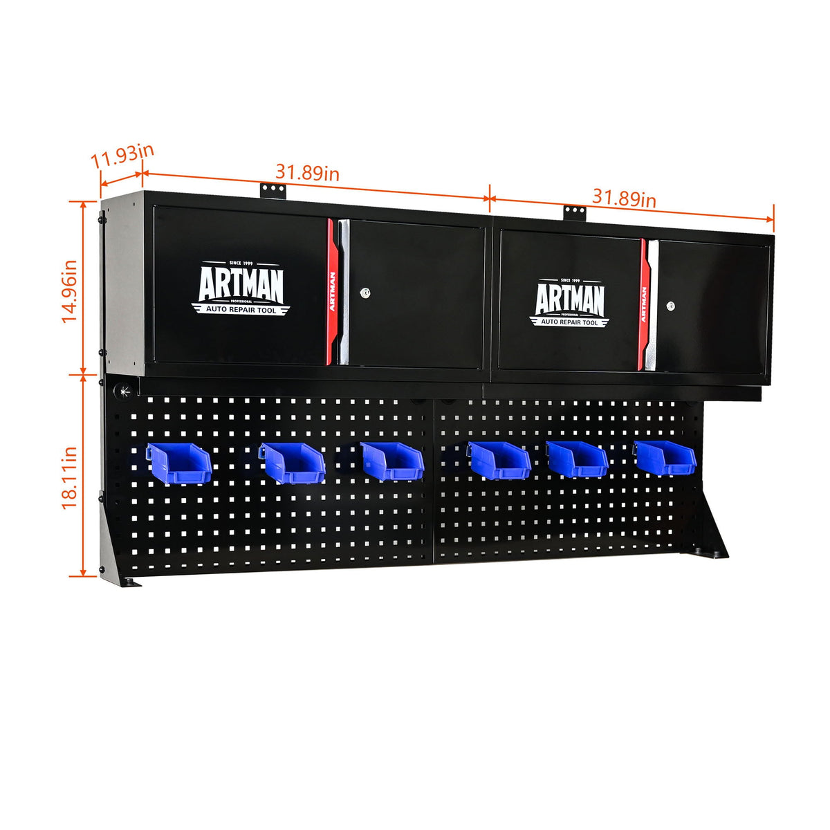 Wall Mounted Double Door Storage Cabinet With Tool Rack And Hooks, Stainless Steel - Black / Red