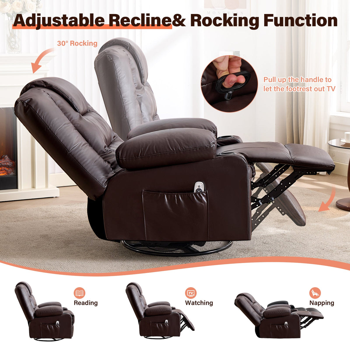 Rocker Recliner Chair with Massage and Heat - Leather