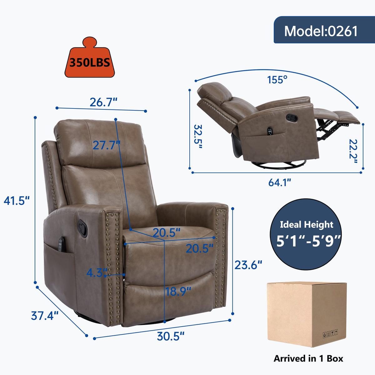 Camel Recliner Chair with Massage & Heat - Genuine Leather