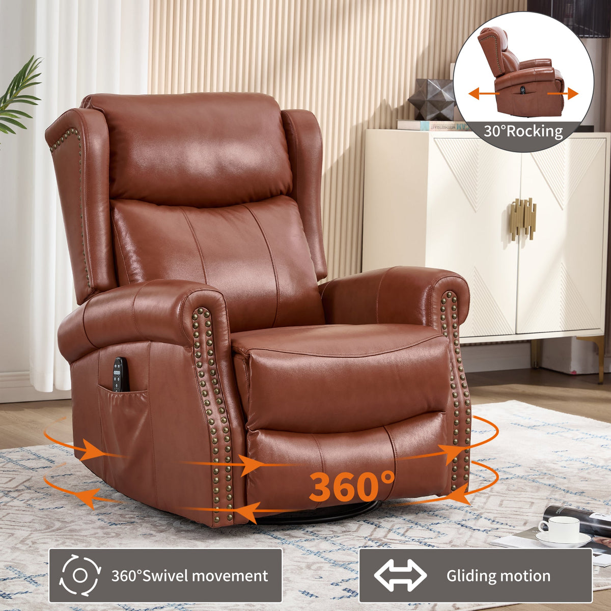 Genuine Leather Heat Massage Manual Recliner Chair with Rocker and Swivel - Red