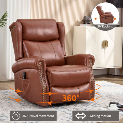 Genuine Leather Heat Massage Manual Recliner Chair with Rocker and Swivel - Red