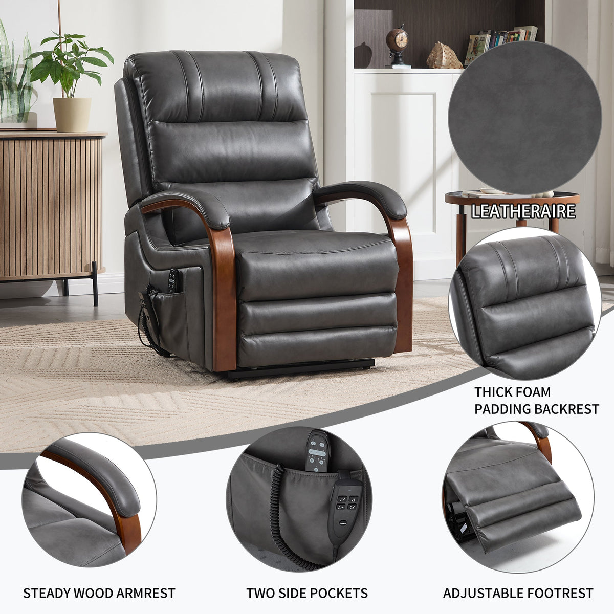 Power Dark Recliner Chair with Massage & Lift - Faux Leather