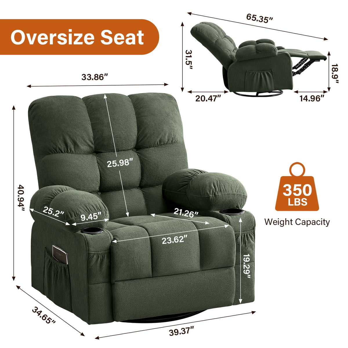 Massage Swivel Recliner Chair with Vibration Massage and Lumbar Heating - Green or Brown