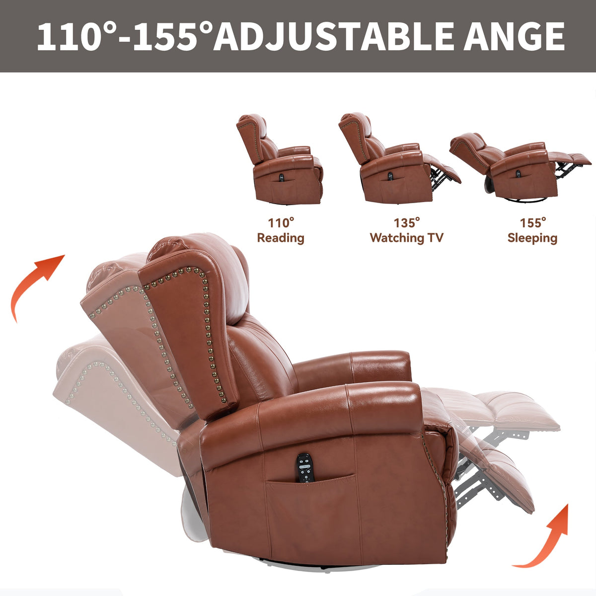 Genuine Leather Heat Massage Manual Recliner Chair with Rocker and Swivel - Red