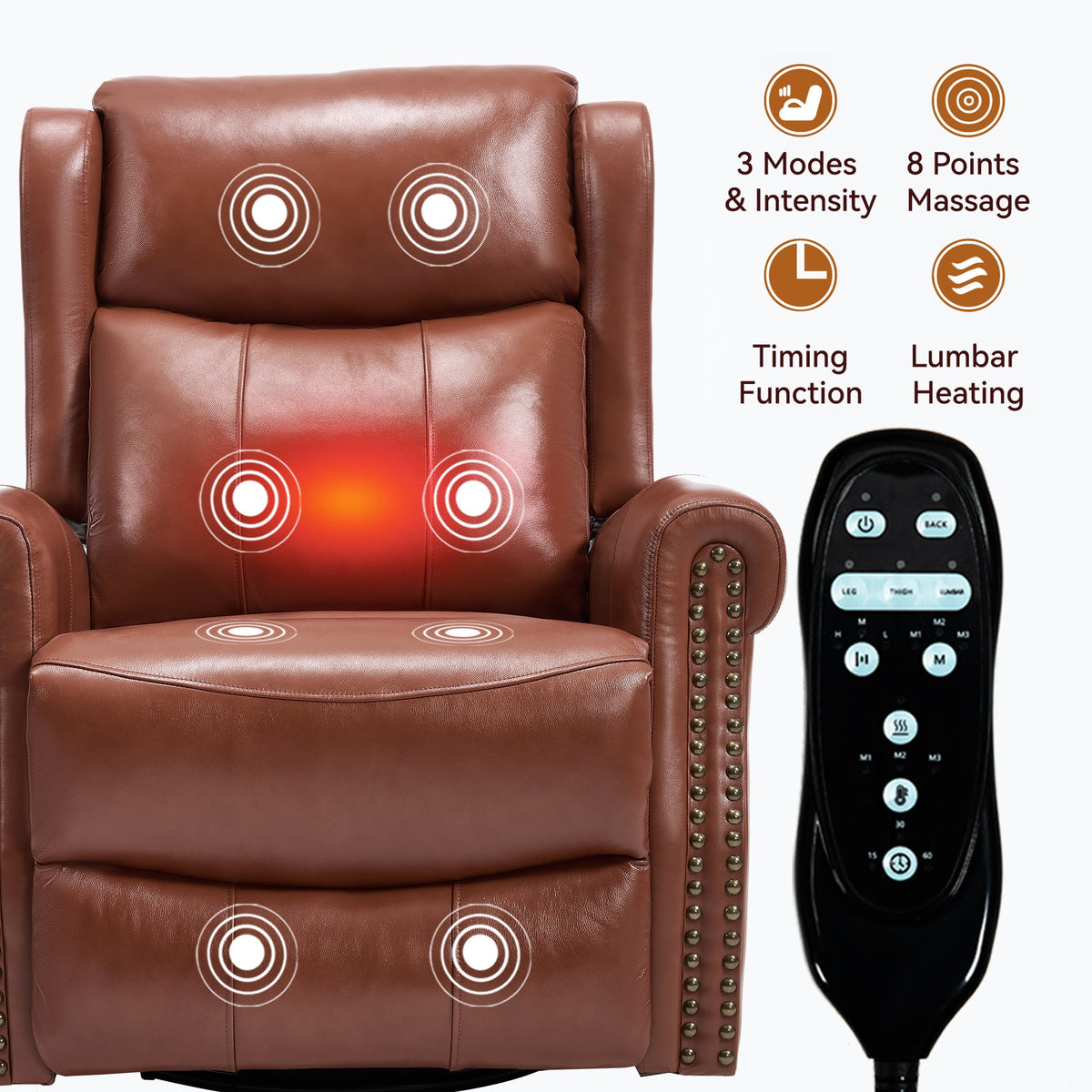 Genuine Leather Heat Massage Manual Recliner Chair with Rocker and Swivel - Red