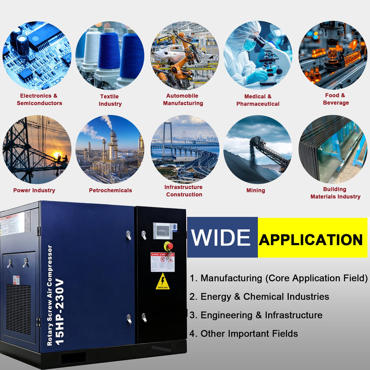 15HP Rotary Screw Air Compressor with LCD Controller - Dark Blue