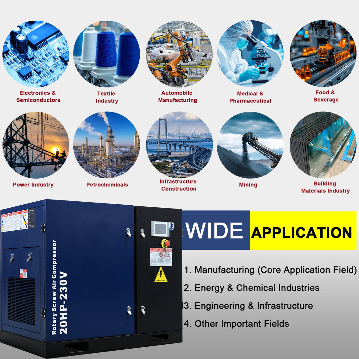 20HP Rotary Screw Air Compressor with 74 CFM Output - Dark Blue