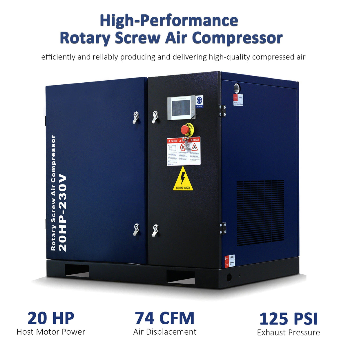 20HP Rotary Screw Air Compressor with 74 CFM Output - Dark Blue