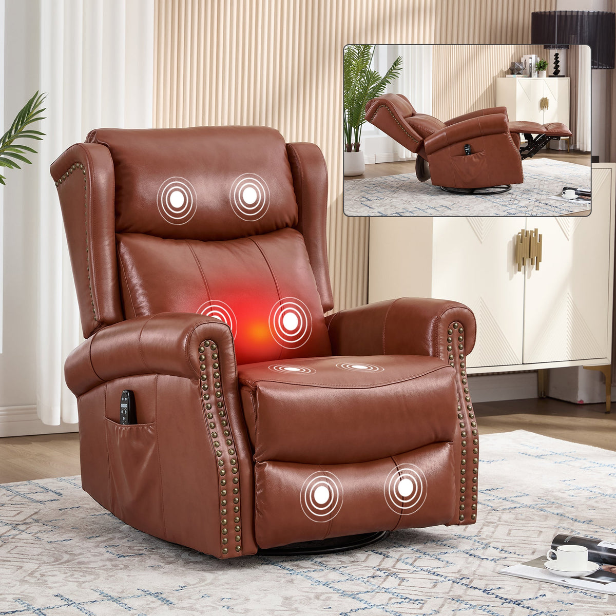 Genuine Leather Heat Massage Manual Recliner Chair with Rocker and Swivel - Red