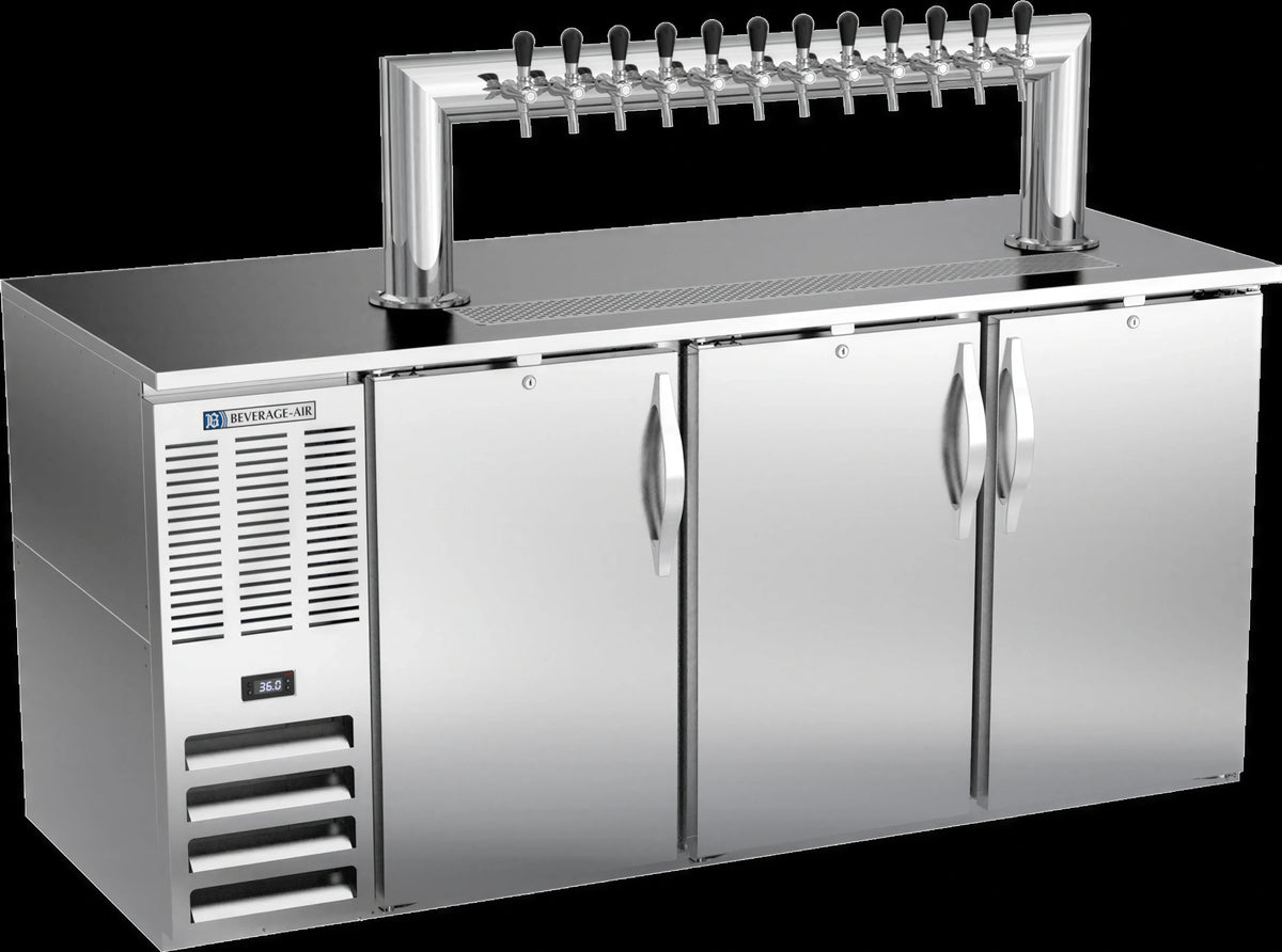 Beverage Air DD72HC-S-12T 72-Inch Three-Door Direct Draw Beer Dispenser with 12-Tap Tower, 3 Half-Keg Capacity, Stainless Steel Exterior