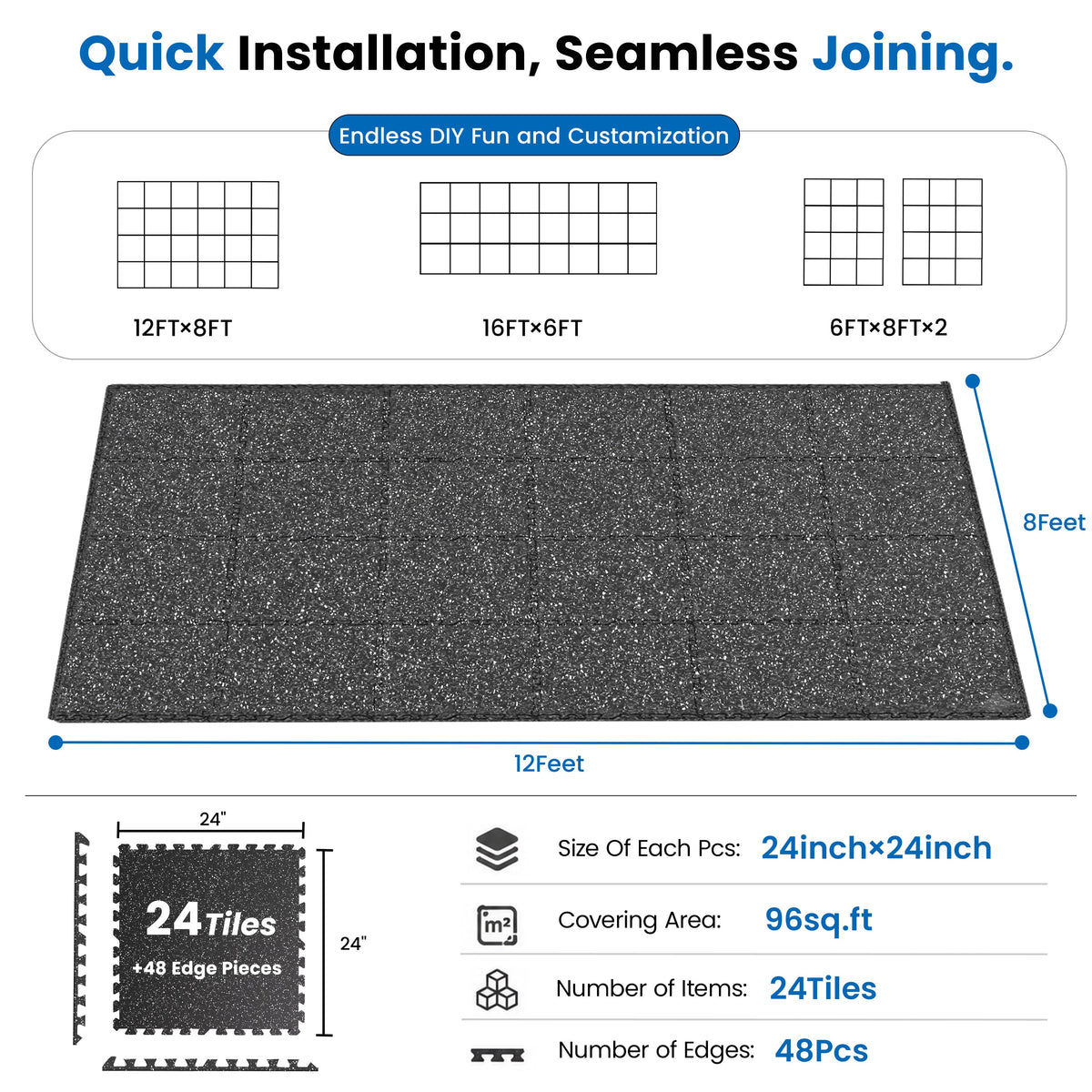 0.6 Inch Thick Gym Floor Mats with EVA Foam - Black