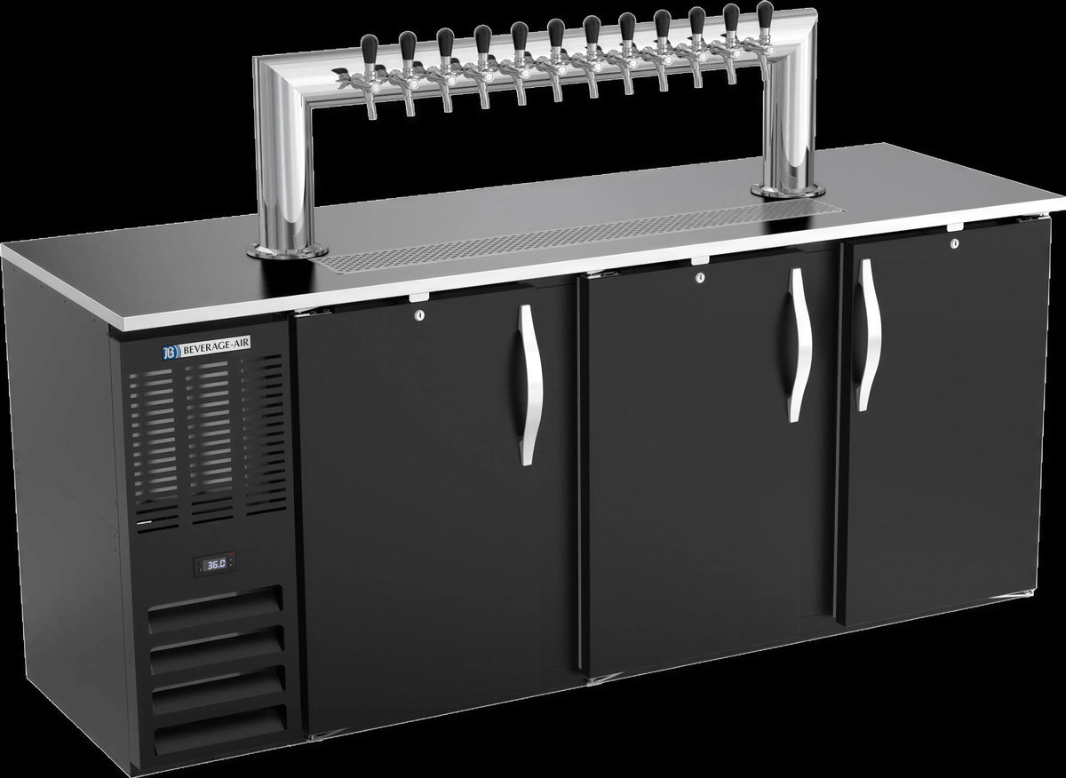 Beverage Air DDN78HC-B-12T 78-Inch 3-Door Direct Draw Beer Dispenser with 12-Tap Tower, 4 Half-Keg Capacity, Black Exterior
