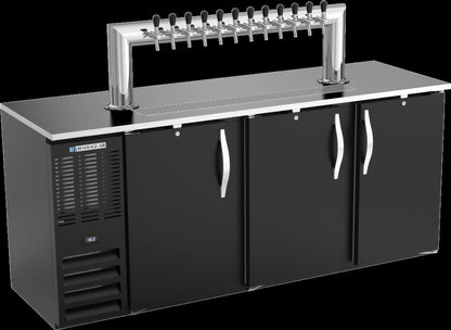 Beverage Air DDN78HC-B-12T 78-Inch 3-Door Direct Draw Beer Dispenser with 12-Tap Tower, 4 Half-Keg Capacity, Black Exterior
