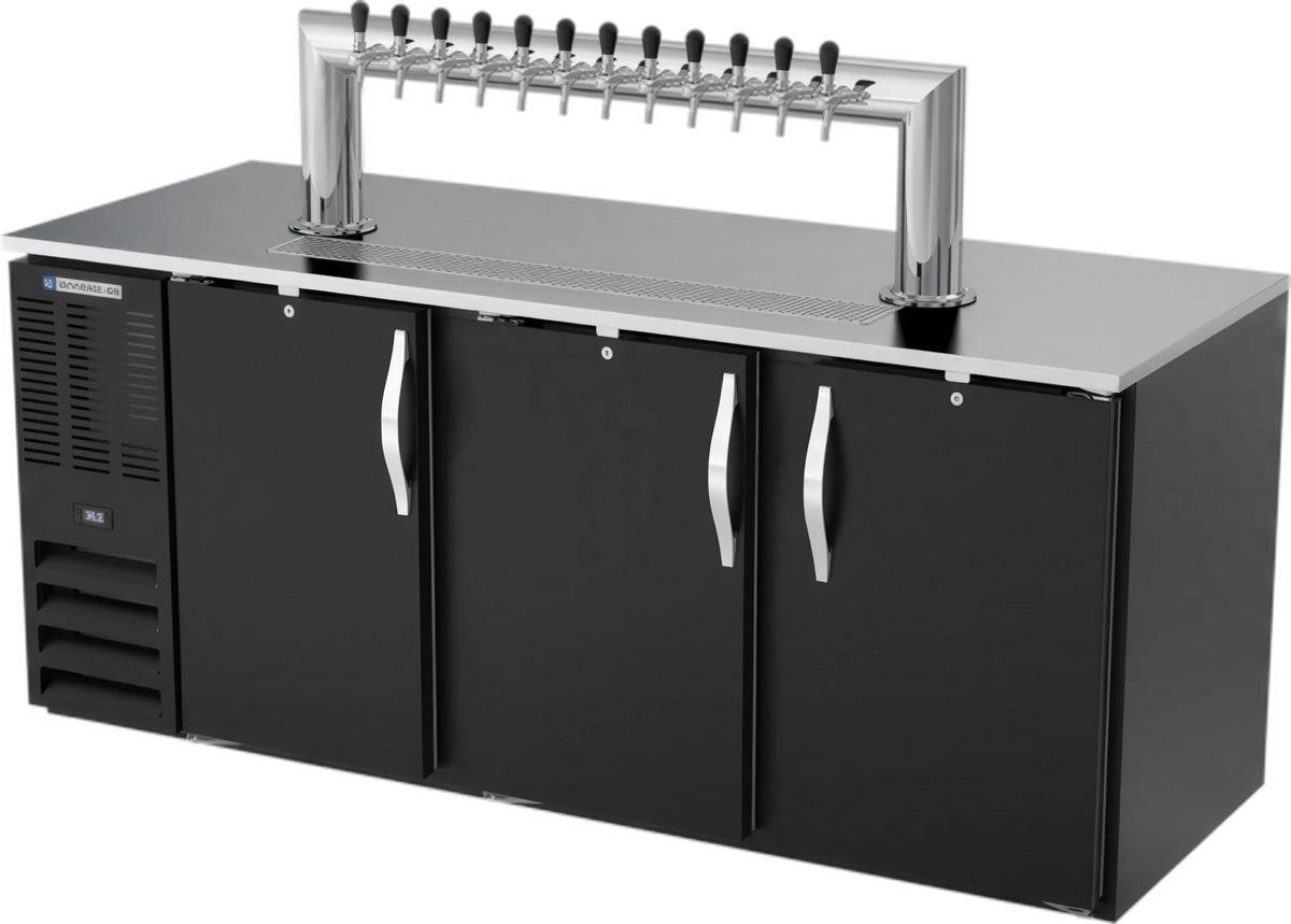 Beverage Air DD78HC-B-12T 78-Inch Direct Draw Beer Dispenser, 12-Tap Tower, 4 Half-Keg Capacity, 3 Doors, Black Exterior