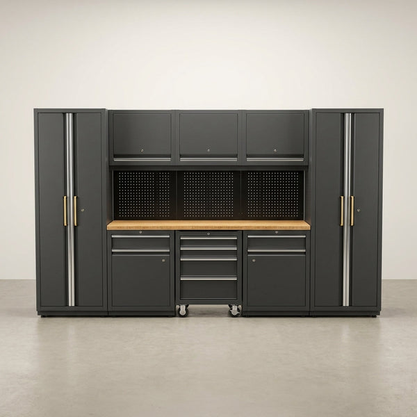 9-Piece Garage Shop Tool Storage Cabinet Set with Pegboard and Wooden Work Top 24 Gauge Steel Tool Chests & Garage Mounted Storage Systems - Black+Gray — Studio Shot