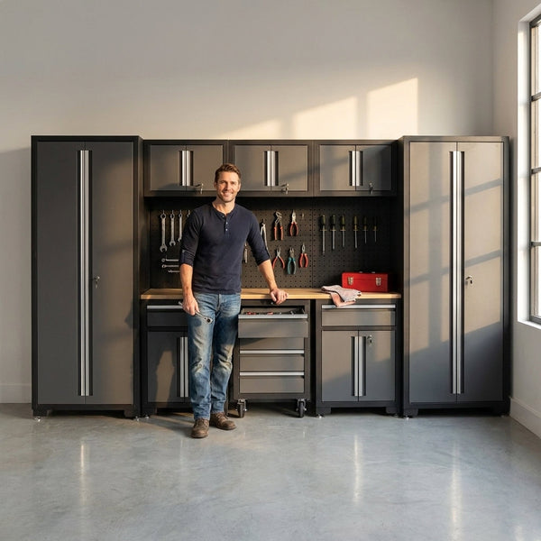 Garage Storage Cabinet System Built for Complete Organization, 9 Piece Set, Steel Construction, Pegboard