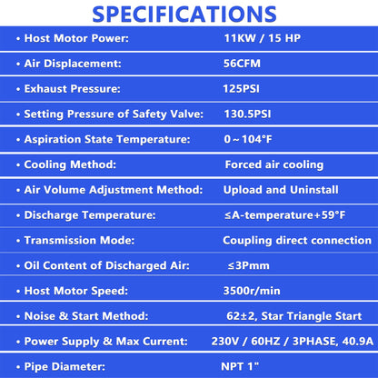 15HP Rotary Screw Air Compressor with LCD Controller - Dark Blue