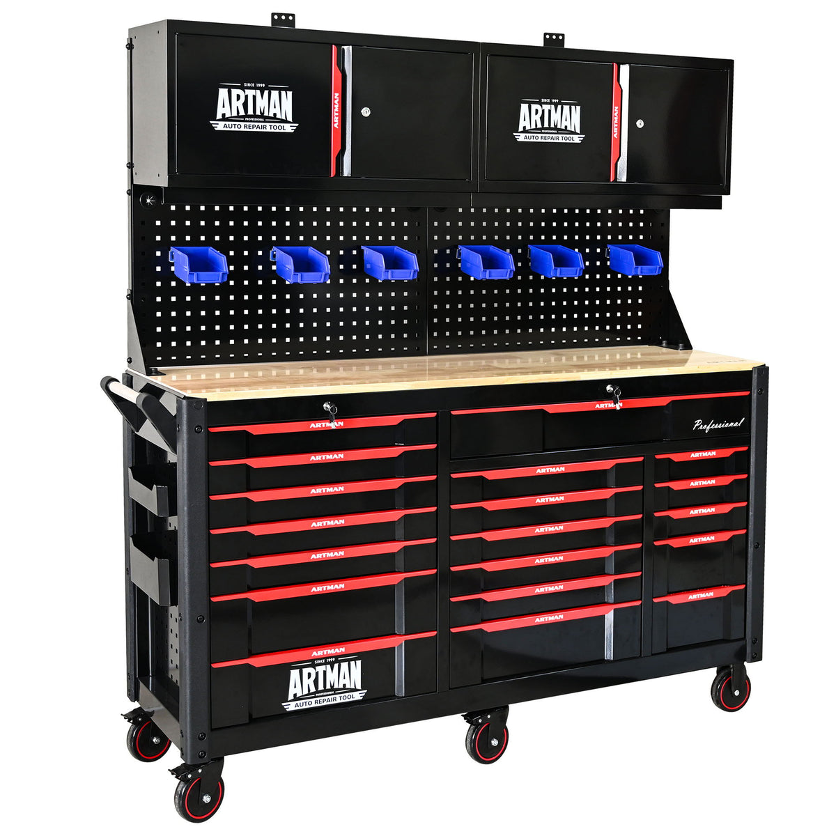 Wall Mounted Double Door Storage Cabinet With Tool Rack And Hooks, Stainless Steel - Black / Red