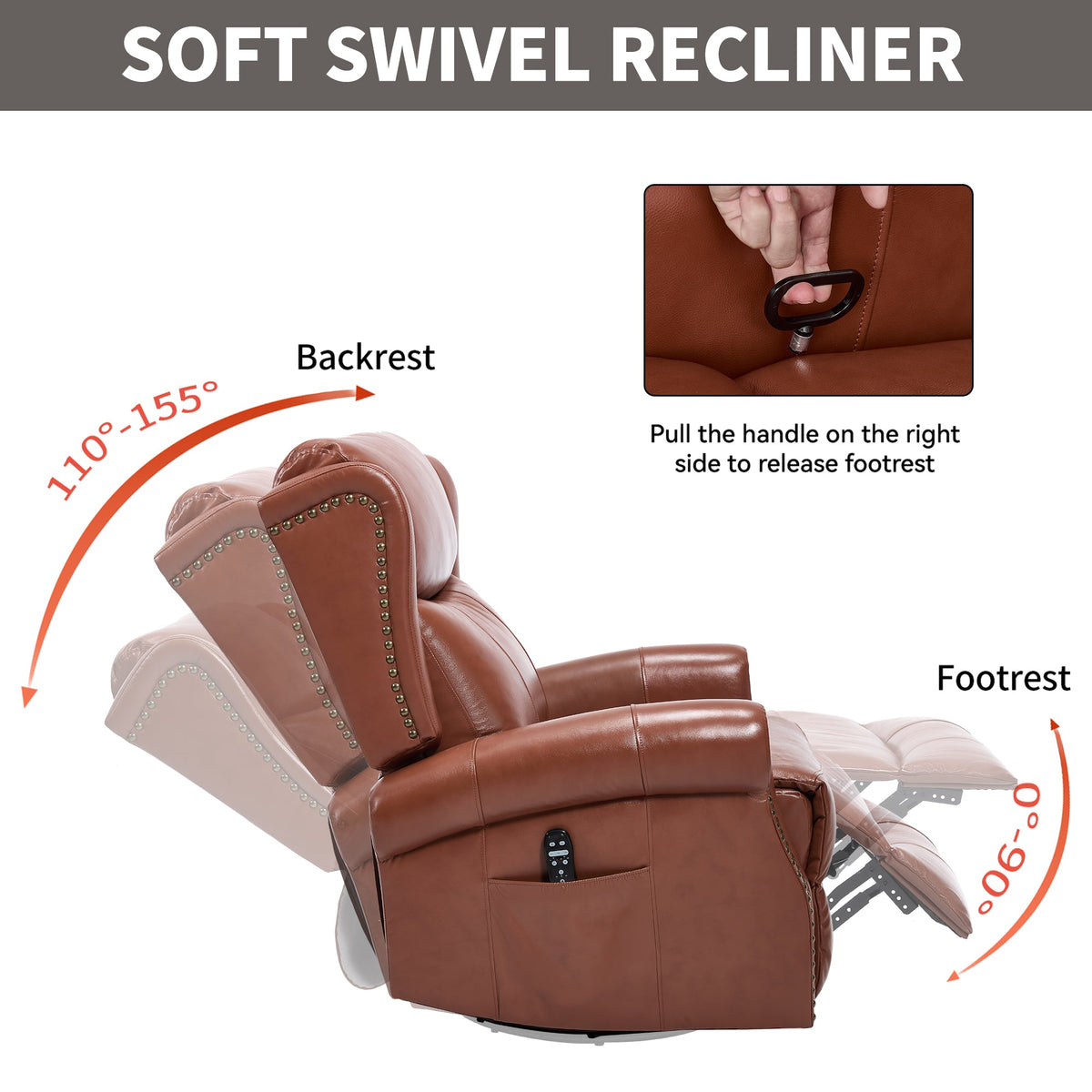 Genuine Leather Heat Massage Manual Recliner Chair with Rocker and Swivel - Red