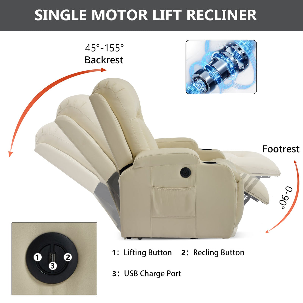 Beige PU Power Lift Recliner Chair with Massage & Heating - Infinite Position