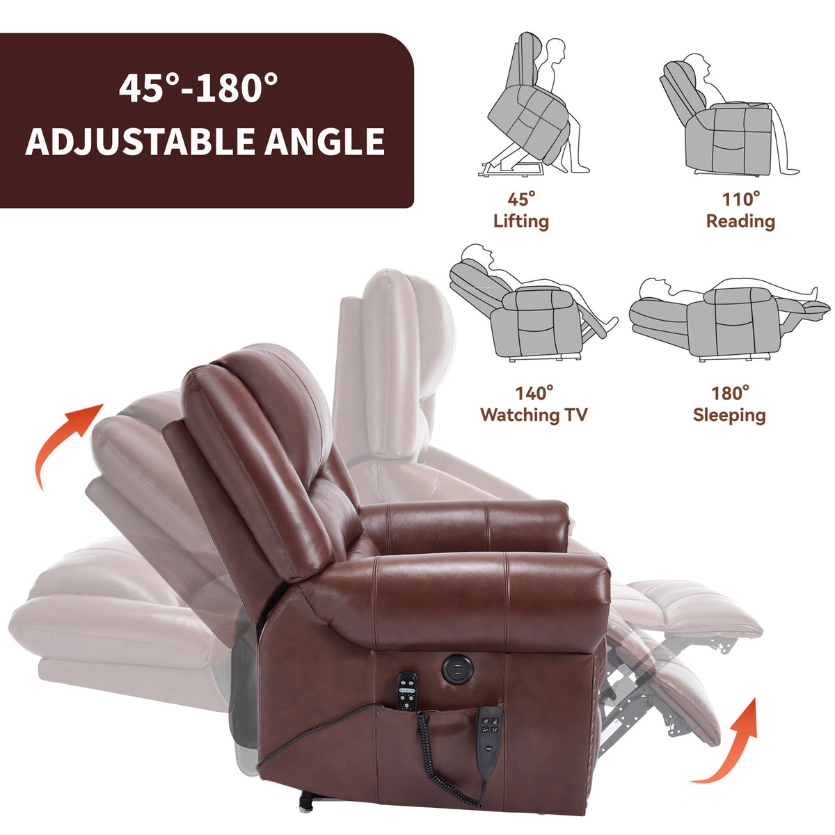 Genuine Leather Power Lift Recliner Chair with Heat and Massage – Brown or Red