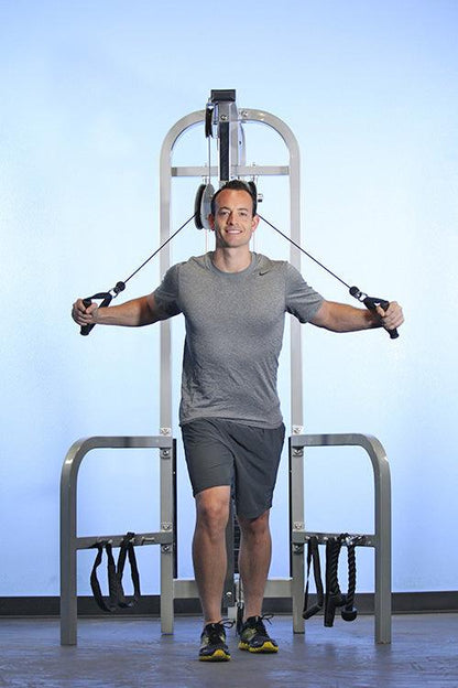 Dual Function High-Low Pulley Combo - Muscle D Fitness - Vertical Adjustable - Pin Selectorized - Handle Storage