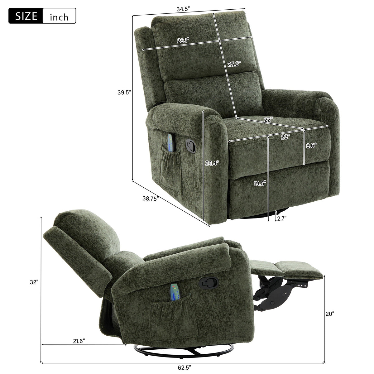 Manual Recliner Massage Chair With Swivel Rocker