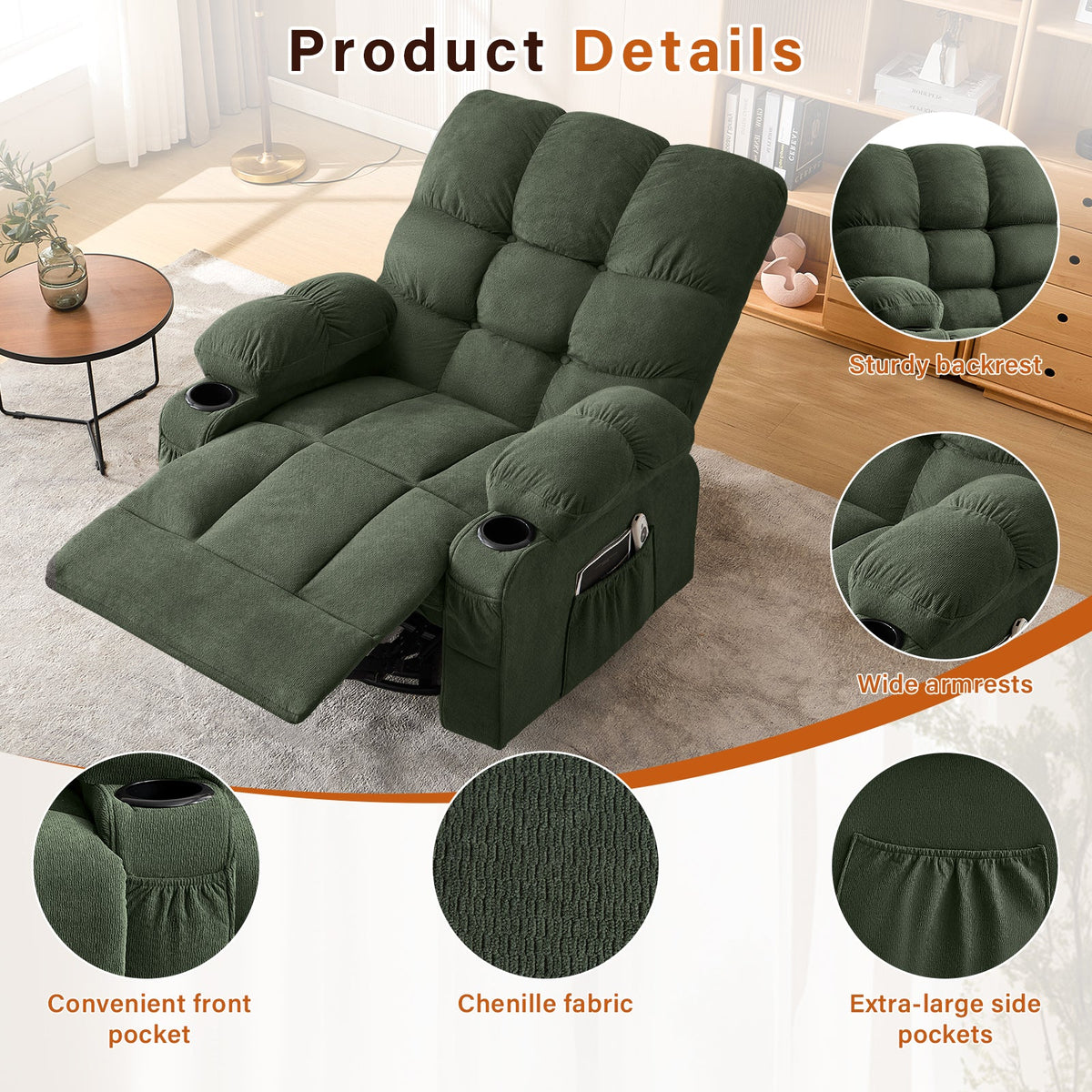 Massage Swivel Recliner Chair with Vibration Massage and Lumbar Heating - Green or Brown