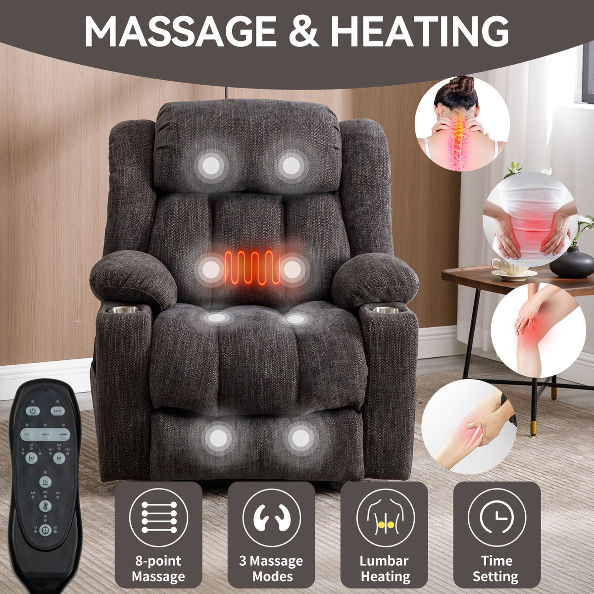 Chenille Power Lift Recliner Chair with Massage & Heating - Soft Chenille