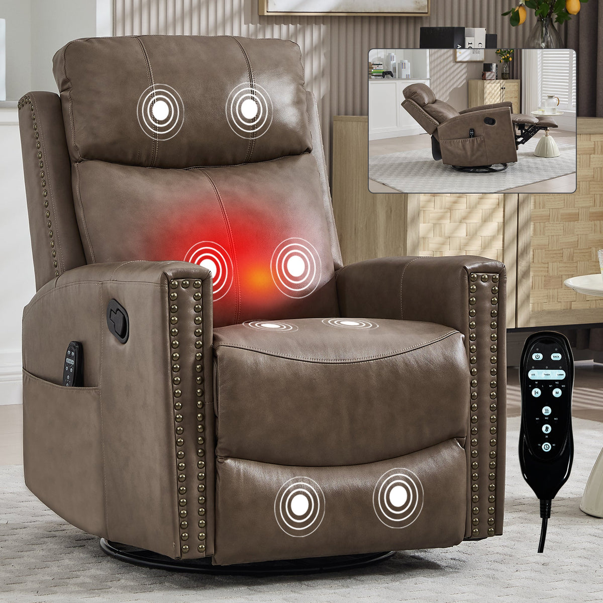 Camel Recliner Chair with Massage & Heat - Genuine Leather