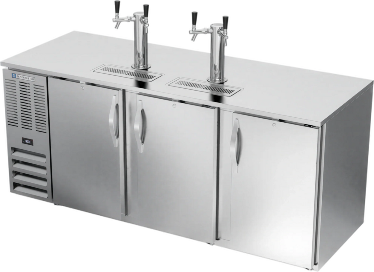Beverage Air DD78HC-S 78-Inch Three-Door Flat-Top Direct-Draw Beer Dispenser, 4 Kegs, 2 Dual-Faucet Towers, Stainless Steel