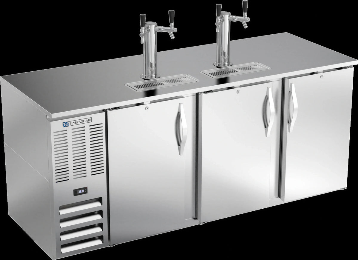 Beverage Air DD78HC-S 78-Inch Three-Door Flat-Top Direct-Draw Beer Dispenser, 4 Kegs, 2 Dual-Faucet Towers, Stainless Steel
