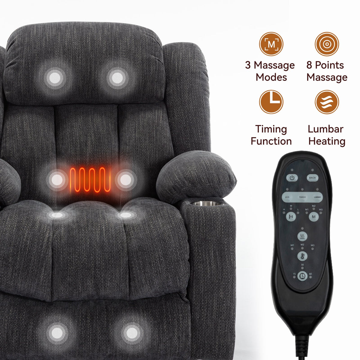 Chenille Power Lift Recliner Chair with Massage & Heating - Soft Chenille
