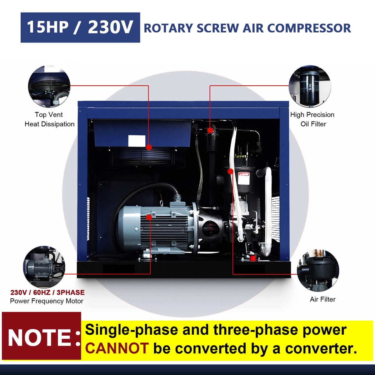 15HP Rotary Screw Air Compressor with LCD Controller - Dark Blue