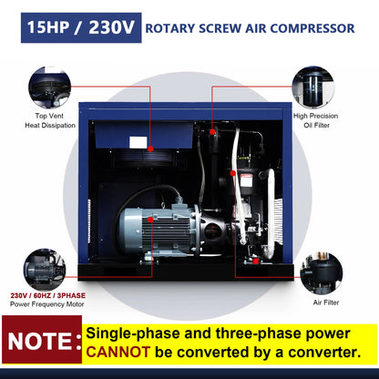 15HP Rotary Screw Air Compressor with LCD Controller - Dark Blue