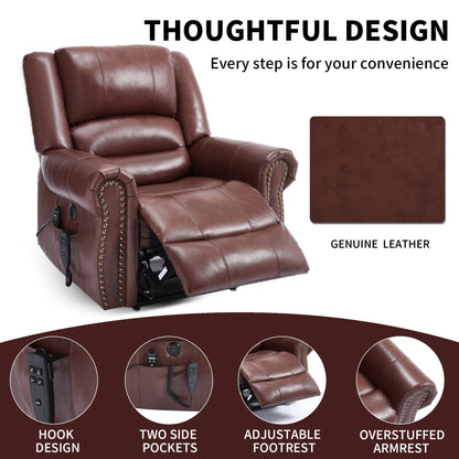 Genuine Leather Power Lift Recliner Chair with Heat and Massage – Brown or Red