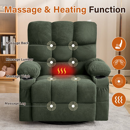 Massage Swivel Recliner Chair with Vibration Massage and Lumbar Heating - Green or Brown