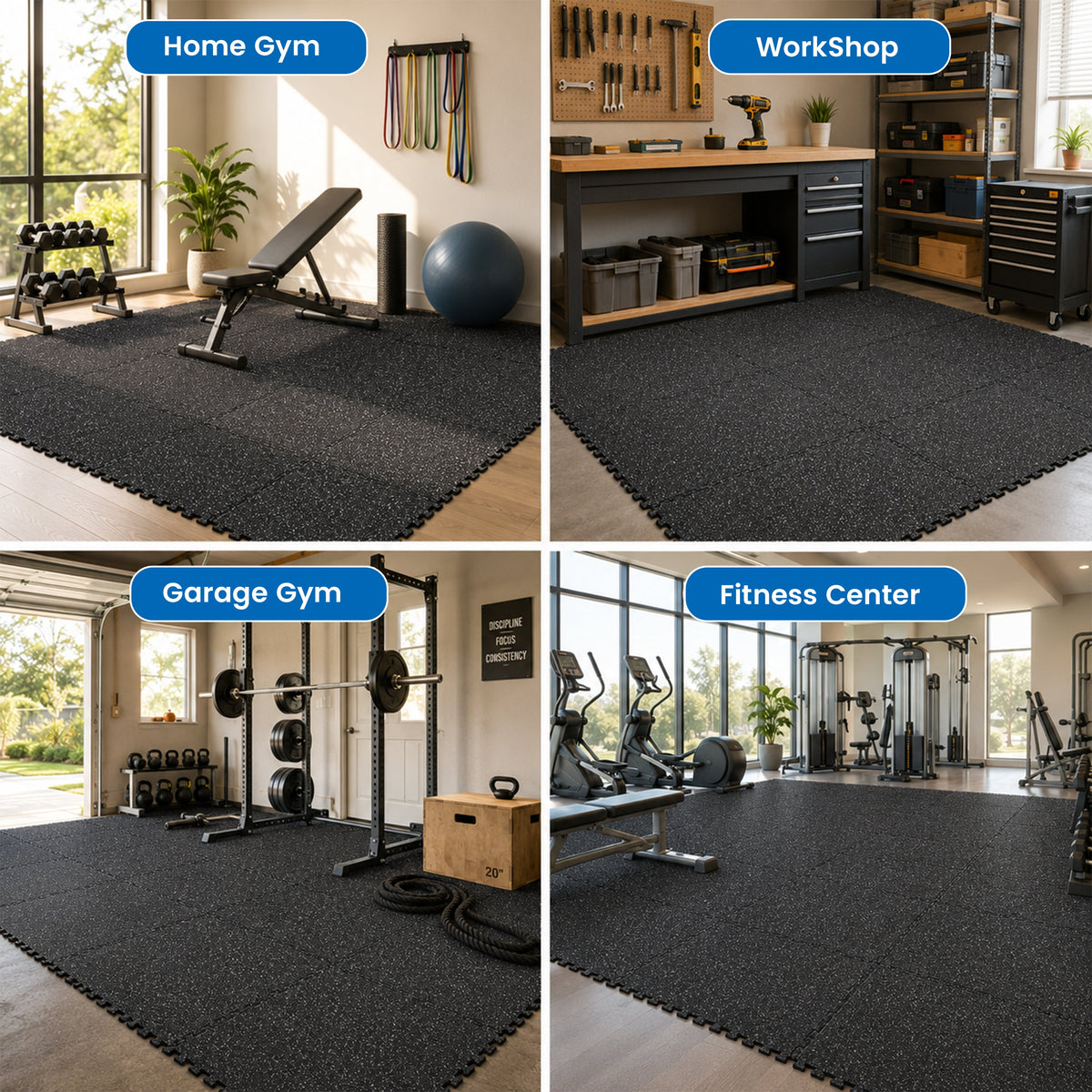 0.6 Inch Thick Gym Floor Mats with EVA Foam - Black
