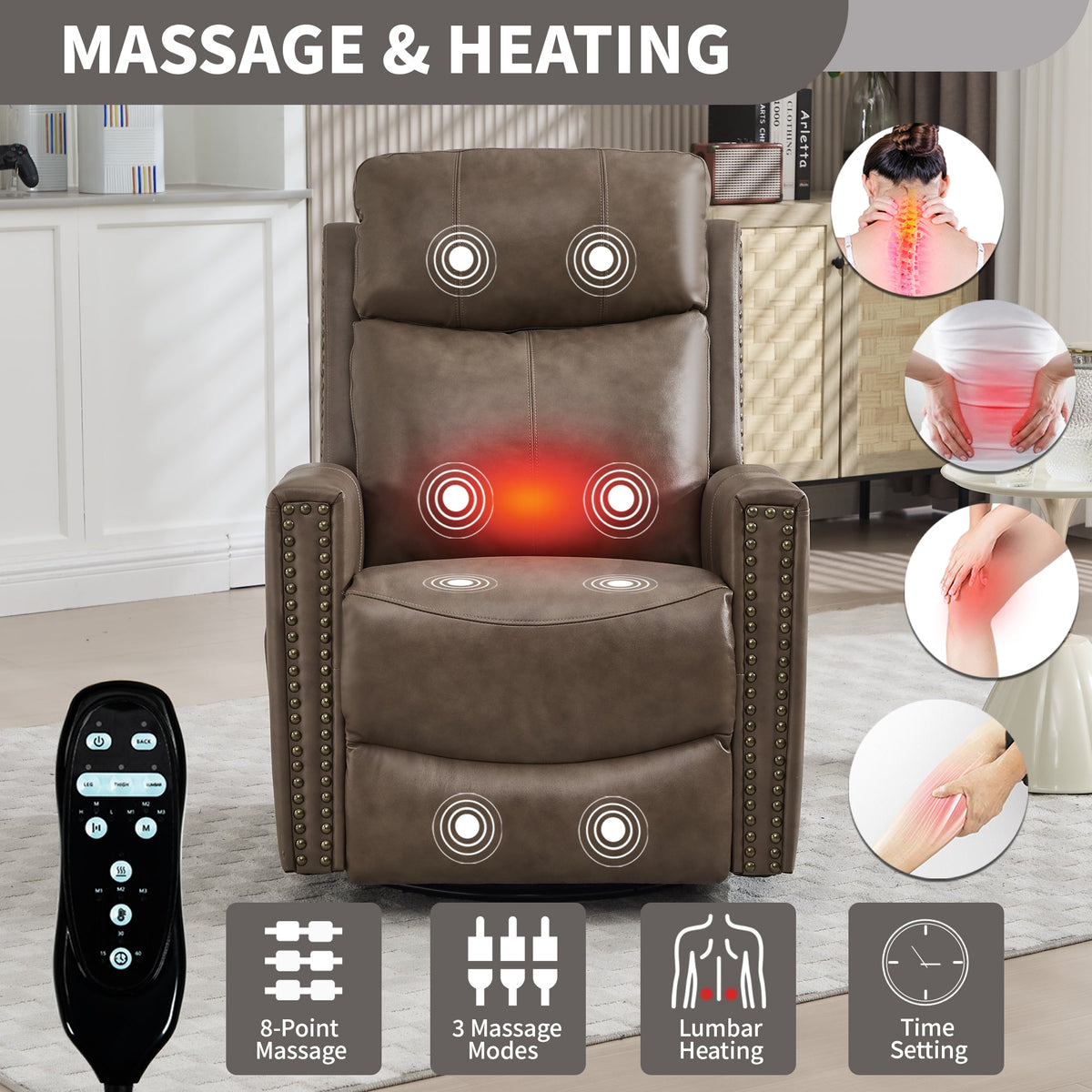 Camel Recliner Chair with Massage & Heat - Genuine Leather