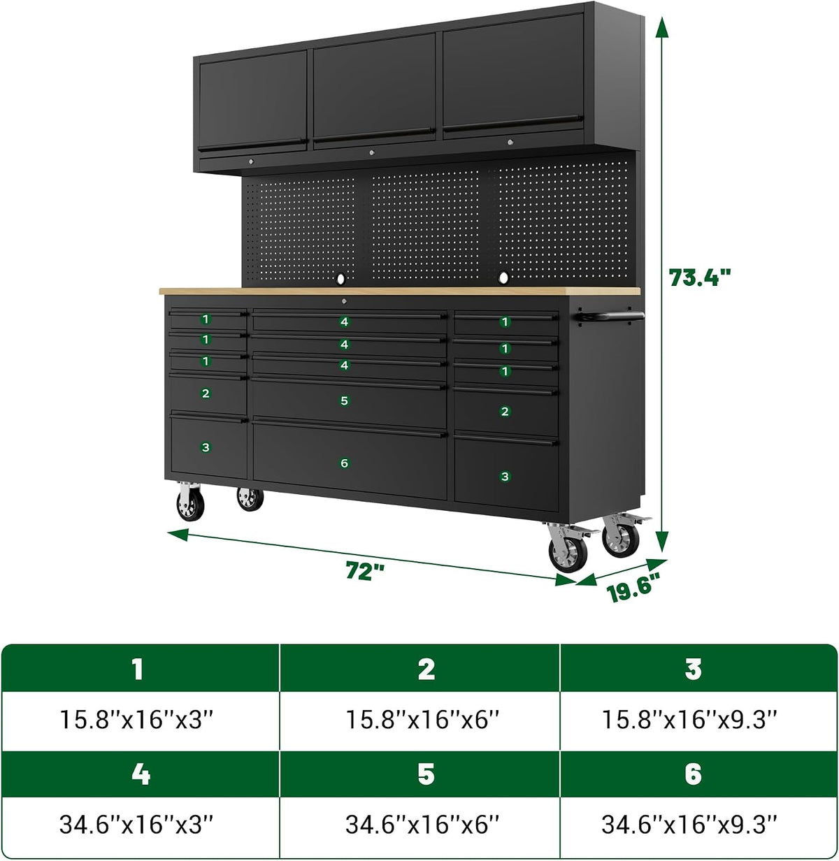 72-Inch Heavy Duty Tool Chest & Rolling Workbench with 15 Drawers, Wheels,3 Upper Cabinet& Pegboard, for Garage, Shop, Workshop Use,Black