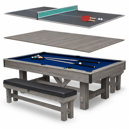 Hathaway Logan 7-ft Pool Table Combo Set with Benches - Rustic Gray with Blue Felt