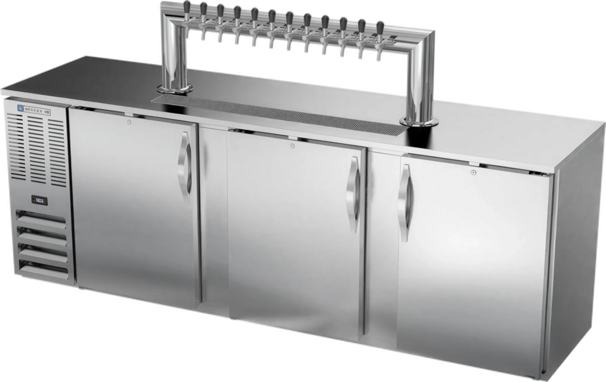 Beverage Air DDN94HC-S-12T 94-Inch 3-Door Direct Draw Beer Dispenser with 12-Tap Tower and 5 Half-Barrel Keg Capacity