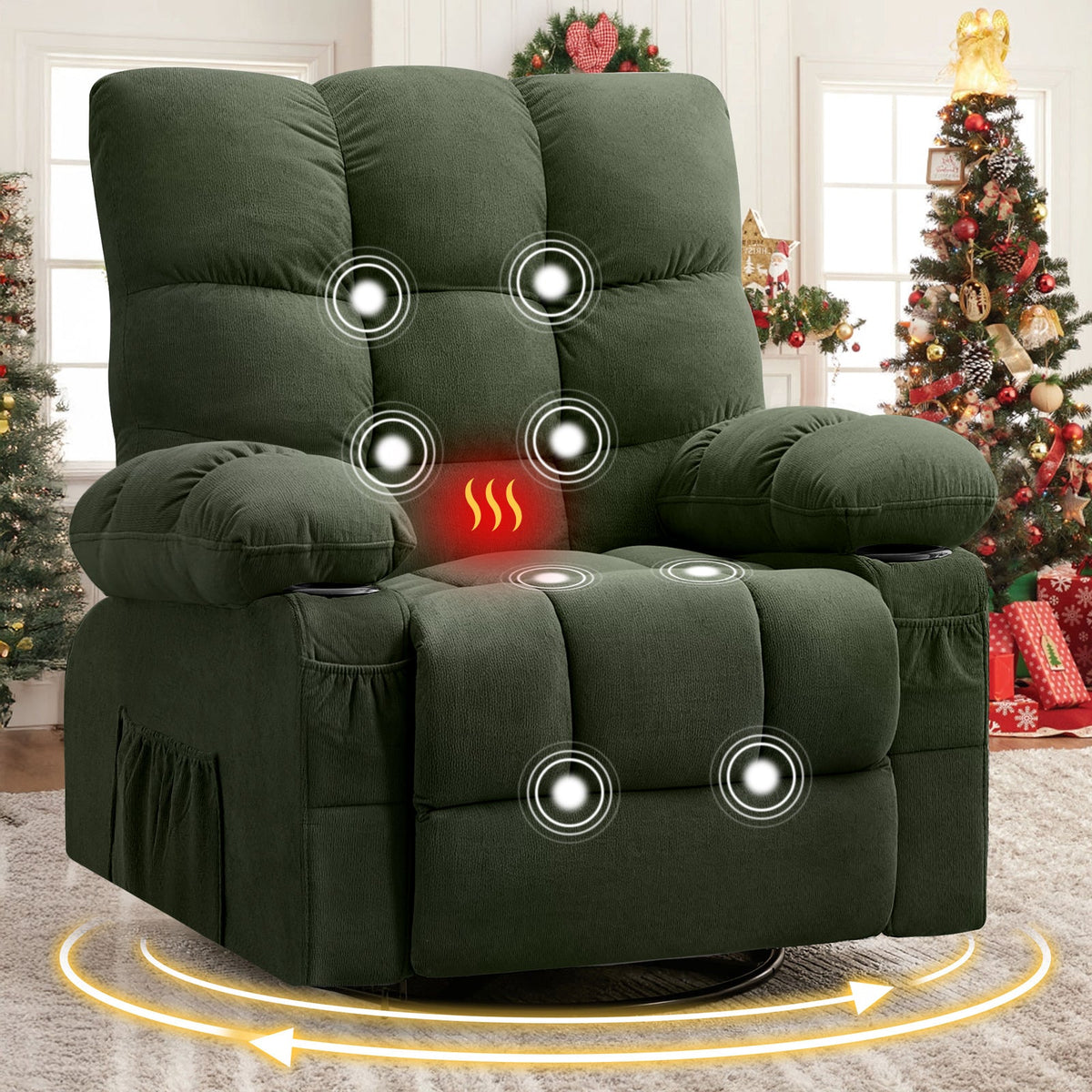Massage Swivel Recliner Chair with Vibration Massage and Lumbar Heating - Green or Brown