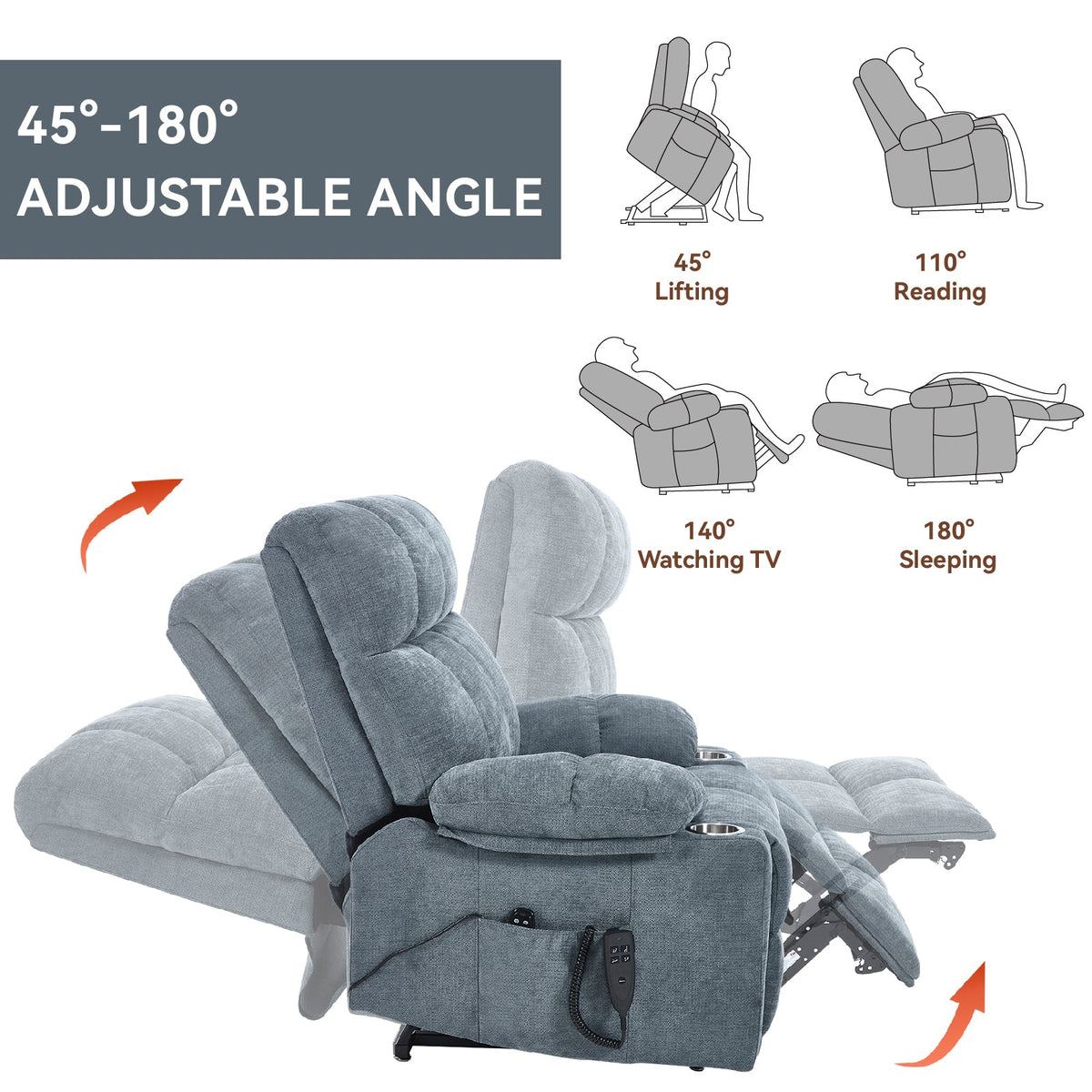 Grey Chenille Power Lift Recliner Chair with Massage - Grey