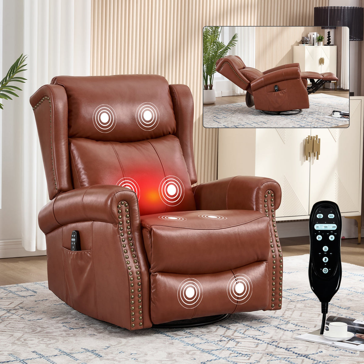 Genuine Leather Heat Massage Manual Recliner Chair with Rocker and Swivel - Red