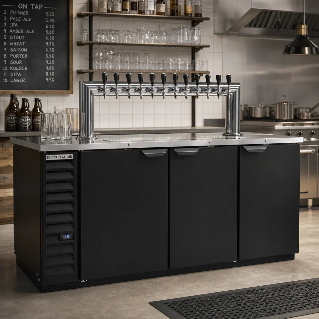 Beverage Air DD78HC-B-12T 78-Inch Direct Draw Beer Dispenser, 12-Tap Tower, 4 Half-Keg Capacity, 3 Doors, Black Exterior