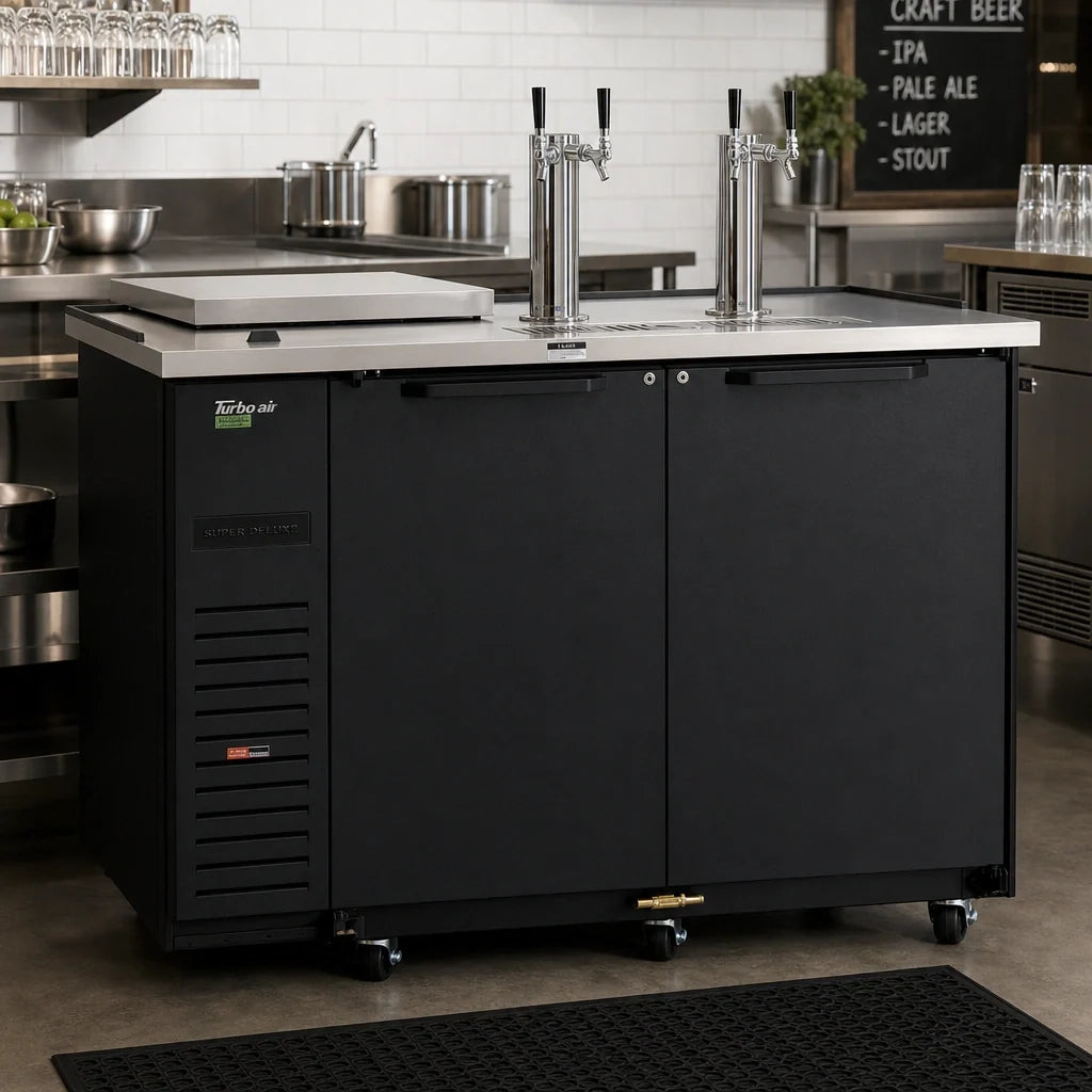 Turbo Air Super Deluxe TCB-2SBD-N6 Club Top Beer Dispenser, 2 Half-Barrel Capacity, Black Exterior, 2 Beer Towers