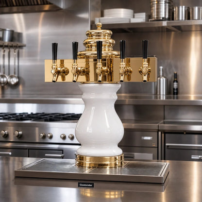 Glastender BM-4-PB 4-Faucet Countertop Draft Beer Dispensing Tower, Polished Brass Ceramic Column, Air-Cooled with Drain Pan