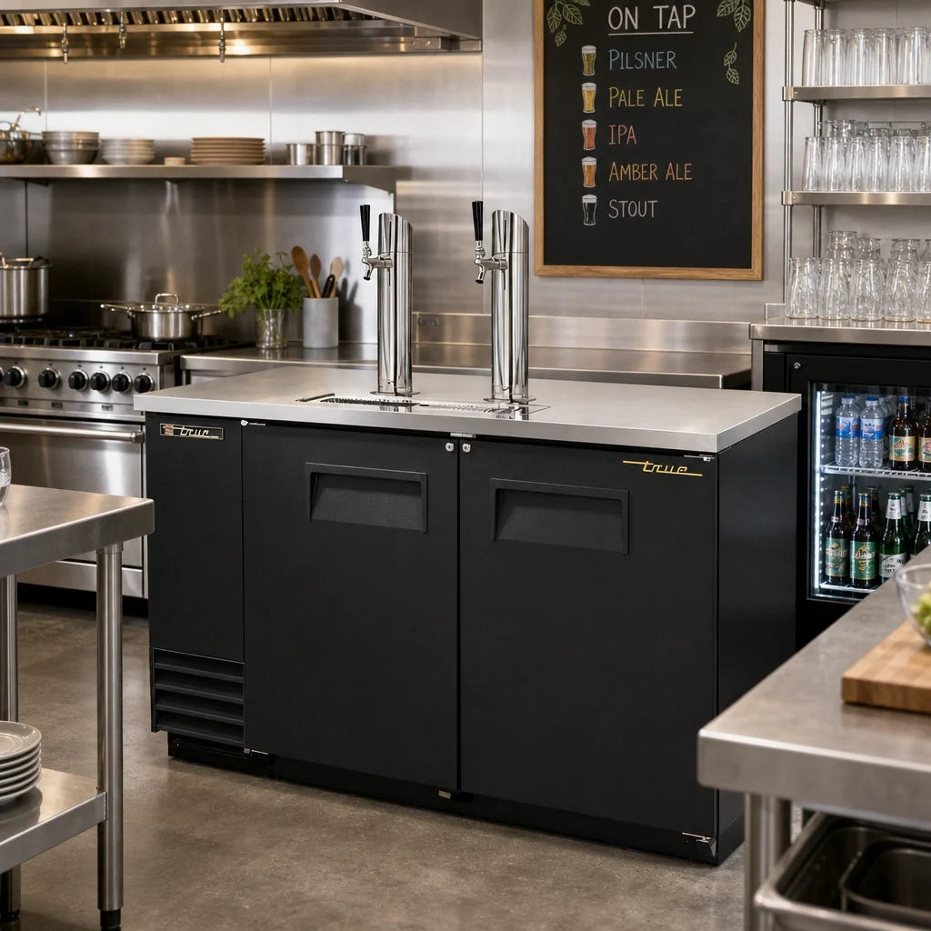 True General Foodservice TDD-2-HC Direct Draw Beer Dispenser, 2 Half-Barrel Kegs, Flat Top, 2 Columns, Black Exterior